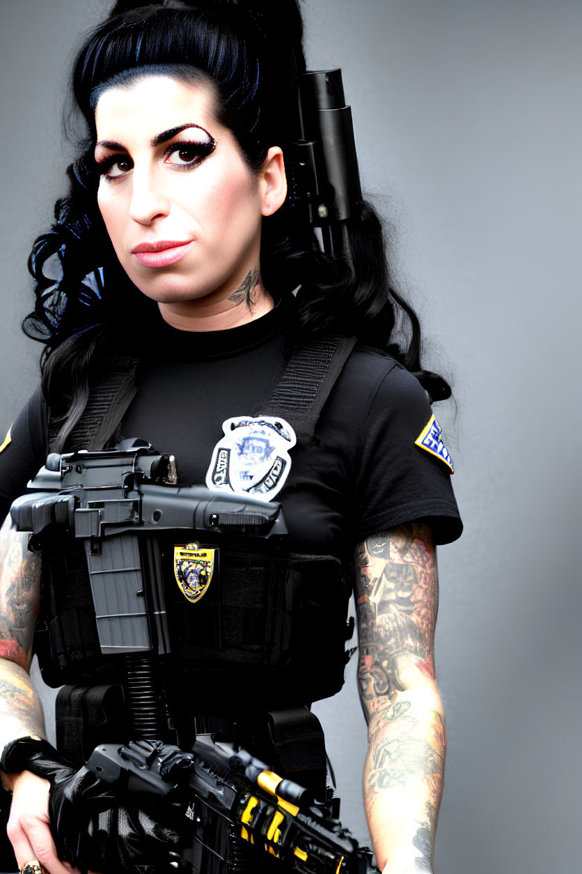 Dark-Haired Woman in Beehive Hairstyle & Tactical Police Gear Pose on Grey Background