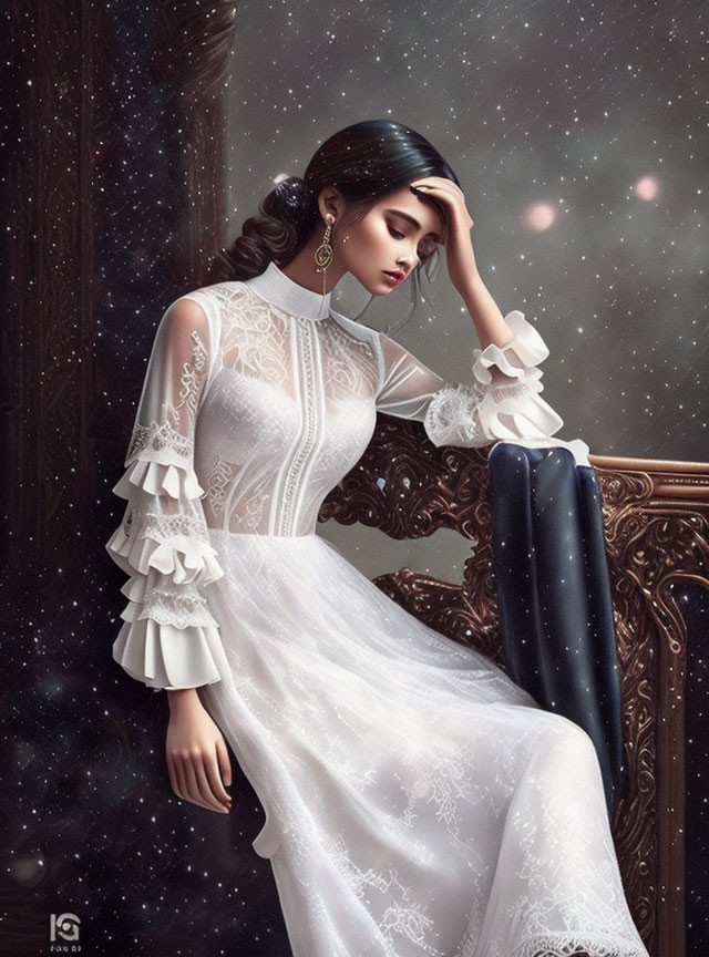 Vintage white lace dress woman gazes out window at snowflakes