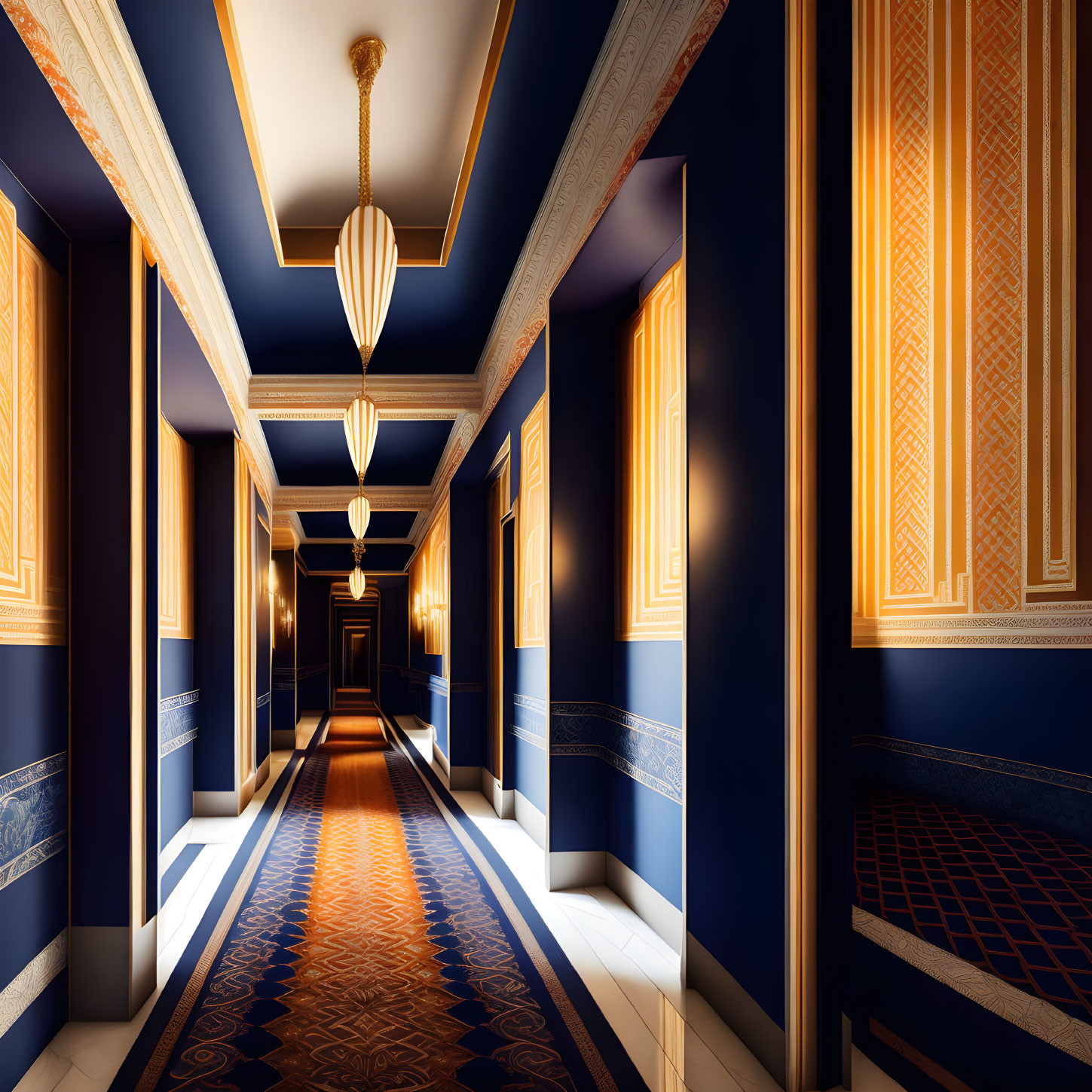 Luxurious hallway with deep blue and gold walls, intricate patterns, ornate ceiling, and warm pendant