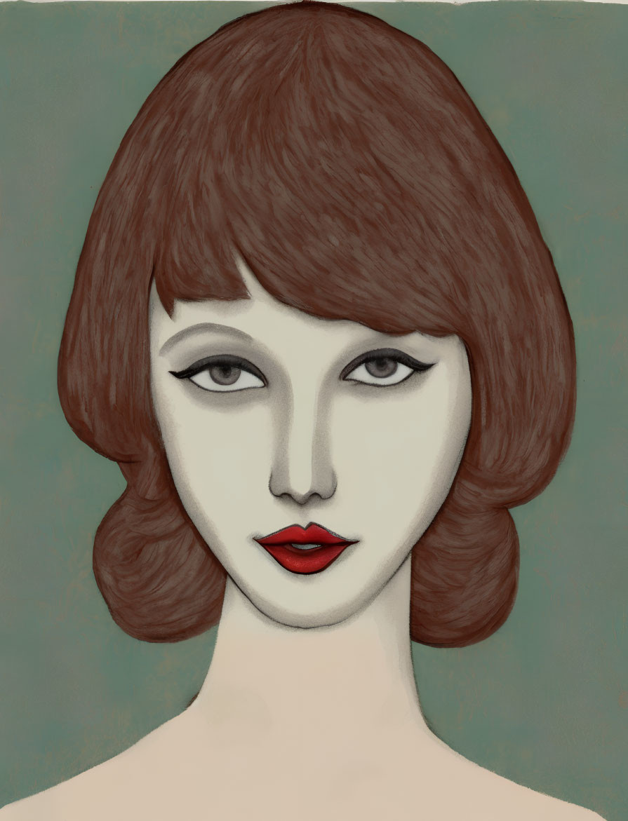 Illustrated portrait of a woman with bob haircut and red lips on teal background