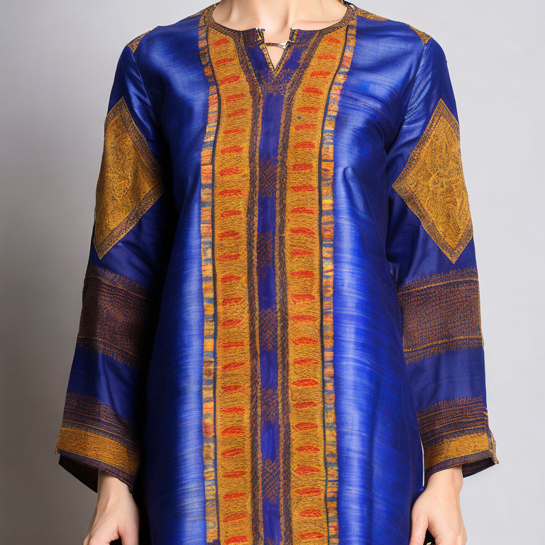 Blue Kurta with Golden and Red Patterns on Gray Background