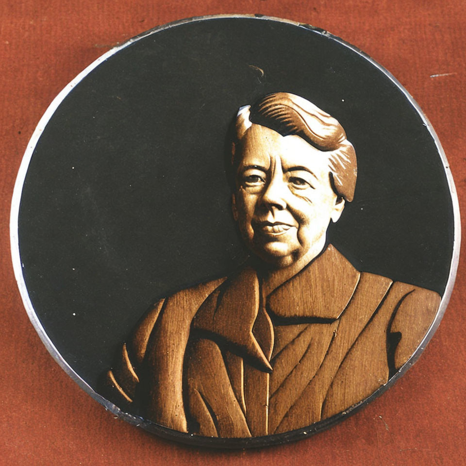 Metal medallion with smiling portrait in bas-relief against dark background