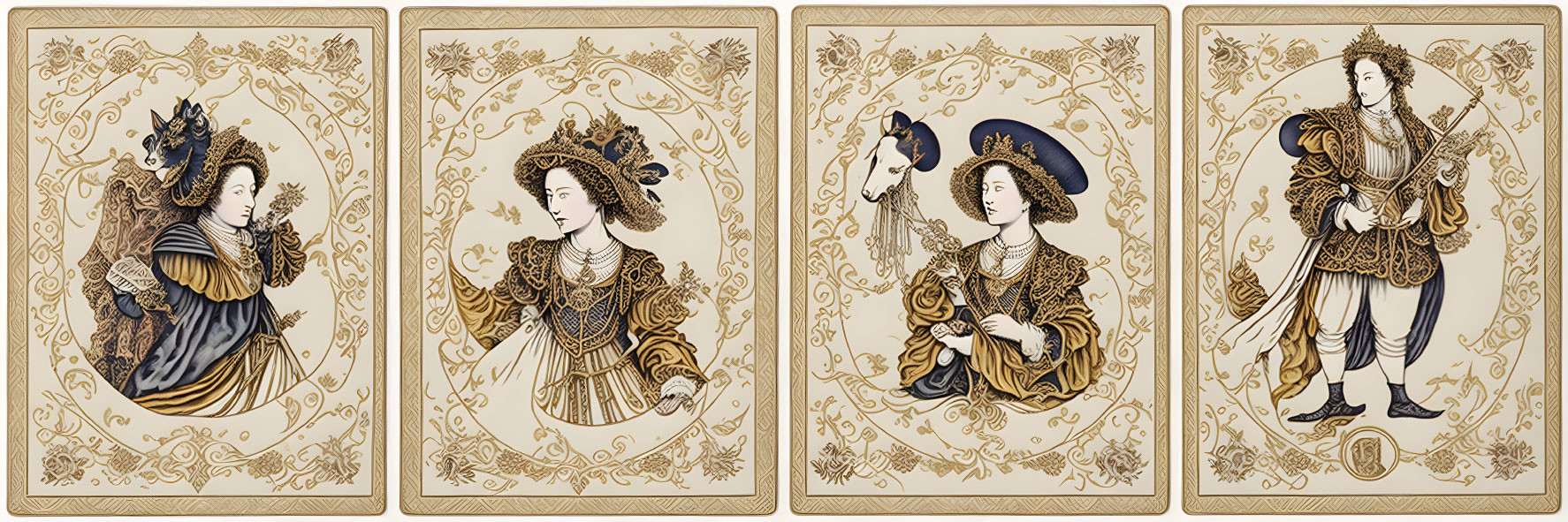 Ornate Historical Costume Playing Cards with Golden Borders