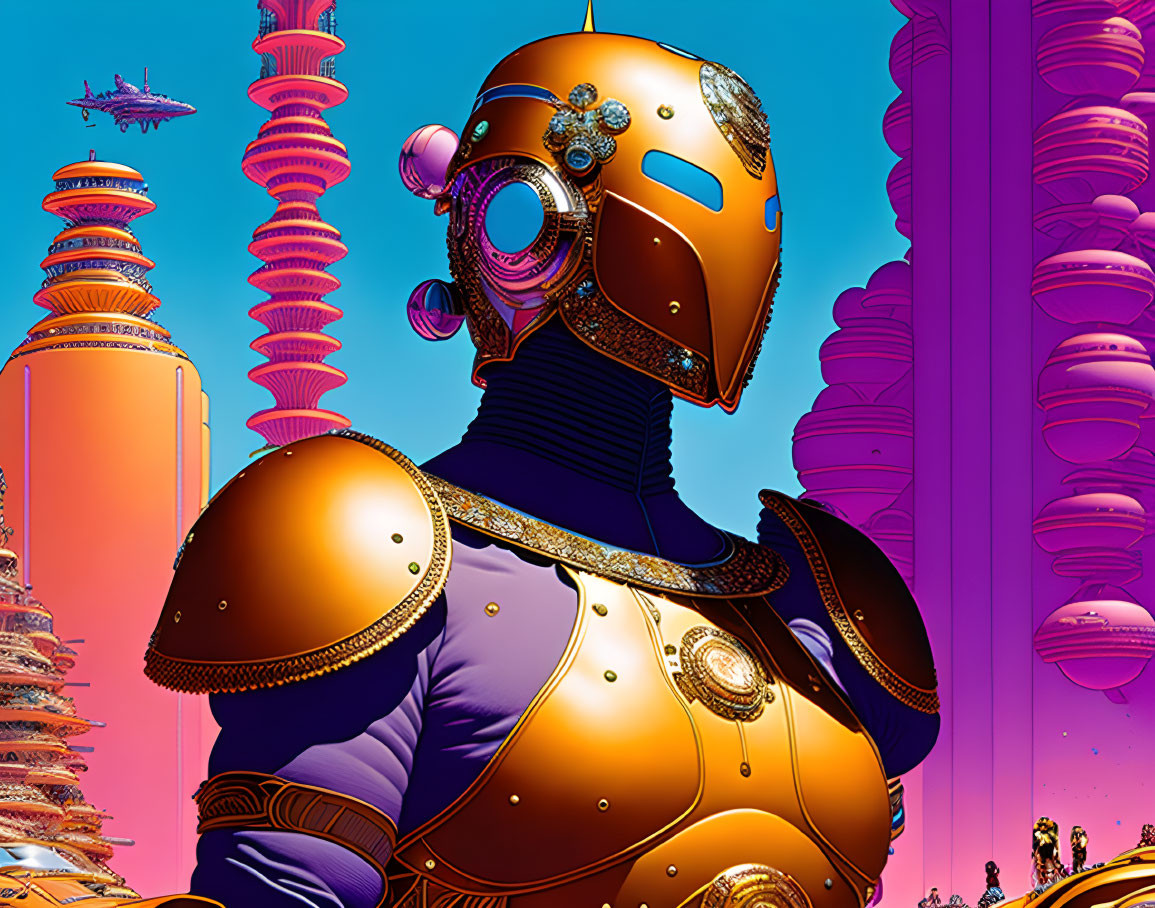 Futuristic knight in golden armor against alien skyline