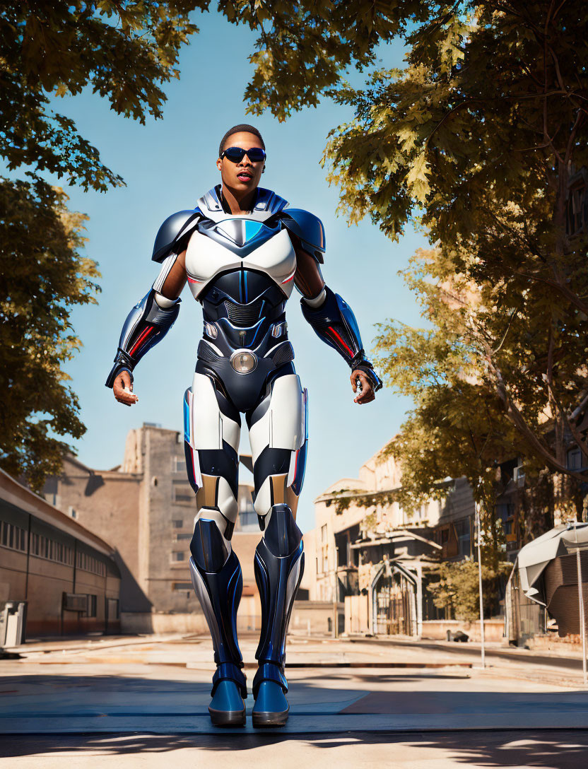 Futuristic blue and black armored person in city street landscape