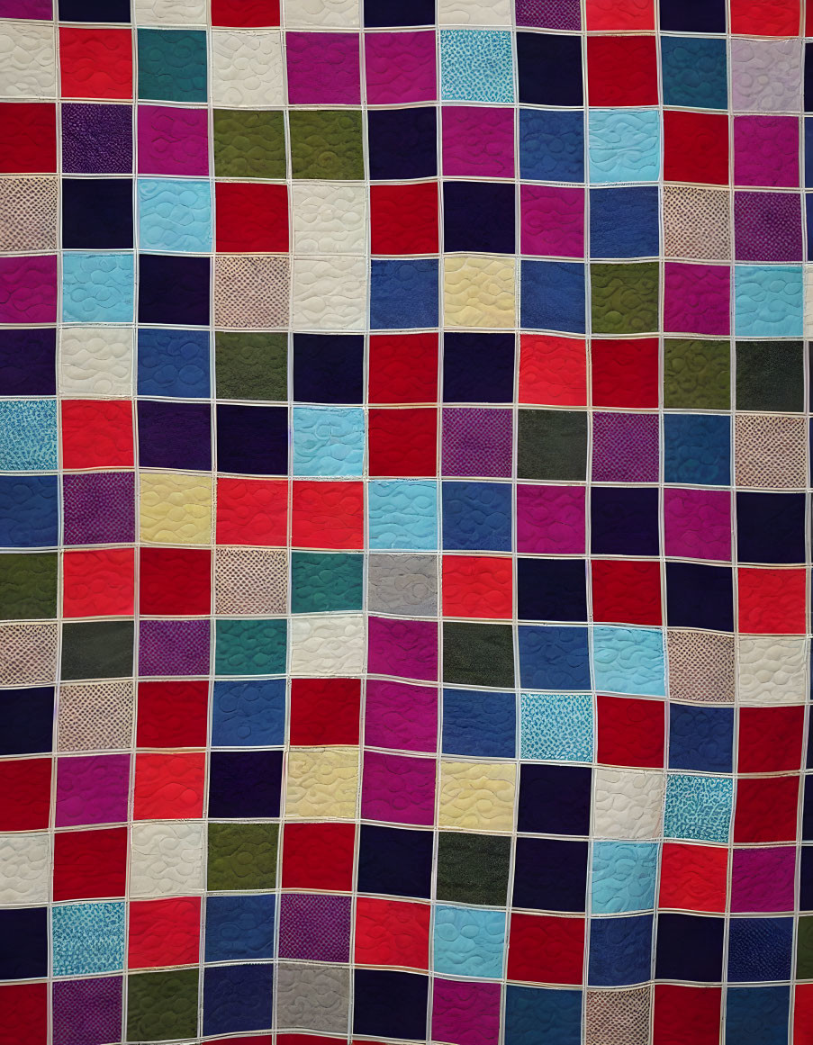 Multicolored patchwork quilt with diverse textures and patterns