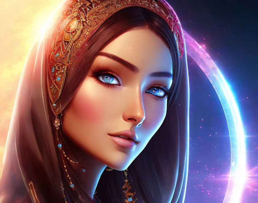 Vibrant blue-eyed woman in golden headdress against cosmic backdrop