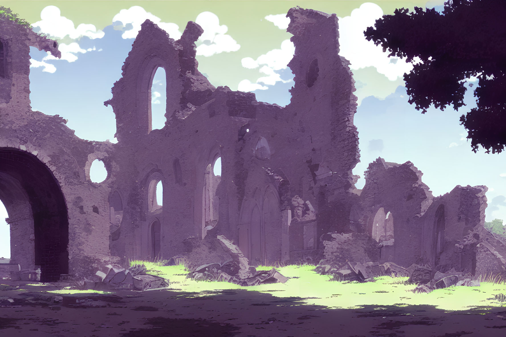 Gothic ruins with archways and crumbling walls in overgrown setting