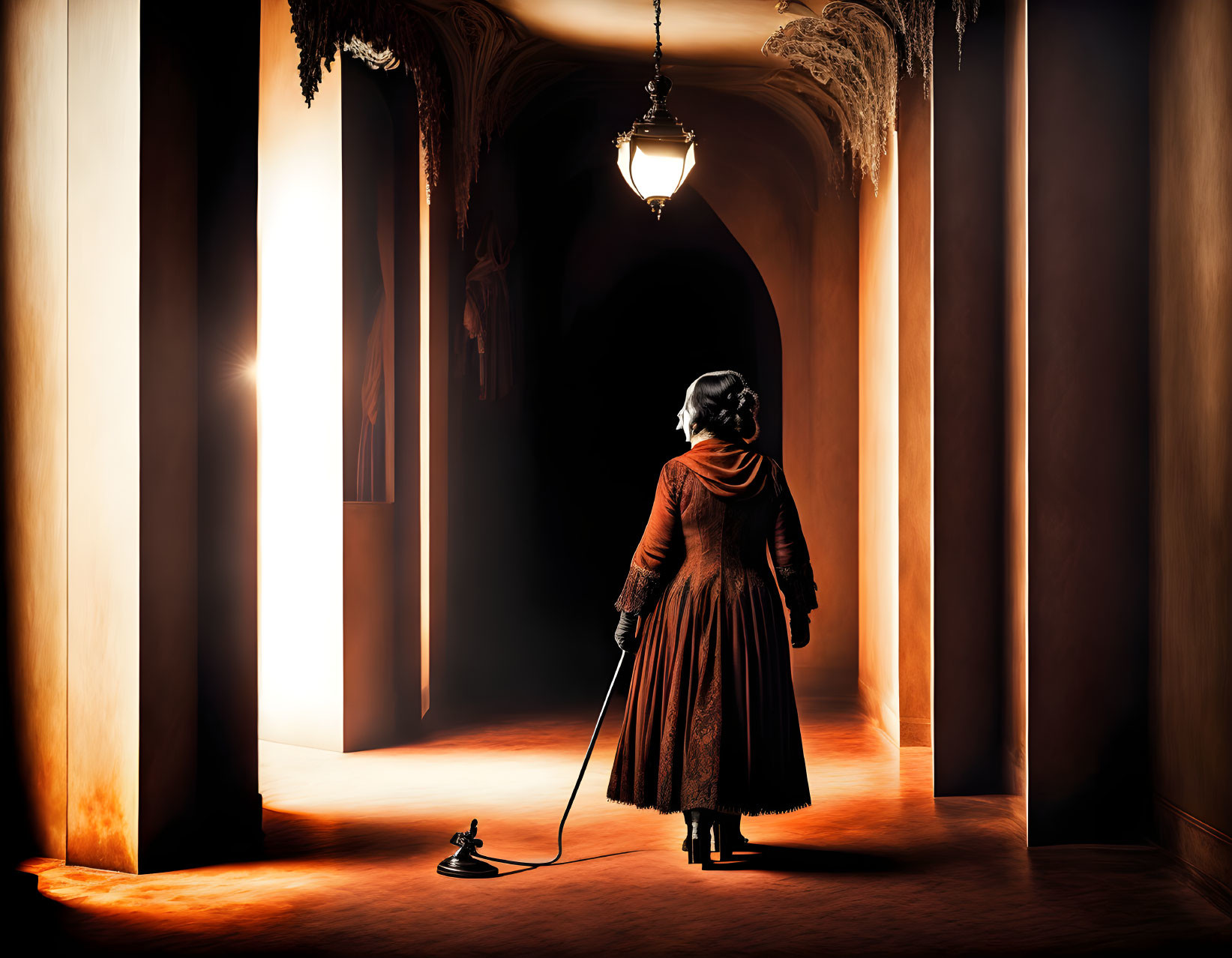 Vintage clothing person with cane in warmly lit corridor facing illuminated doorway