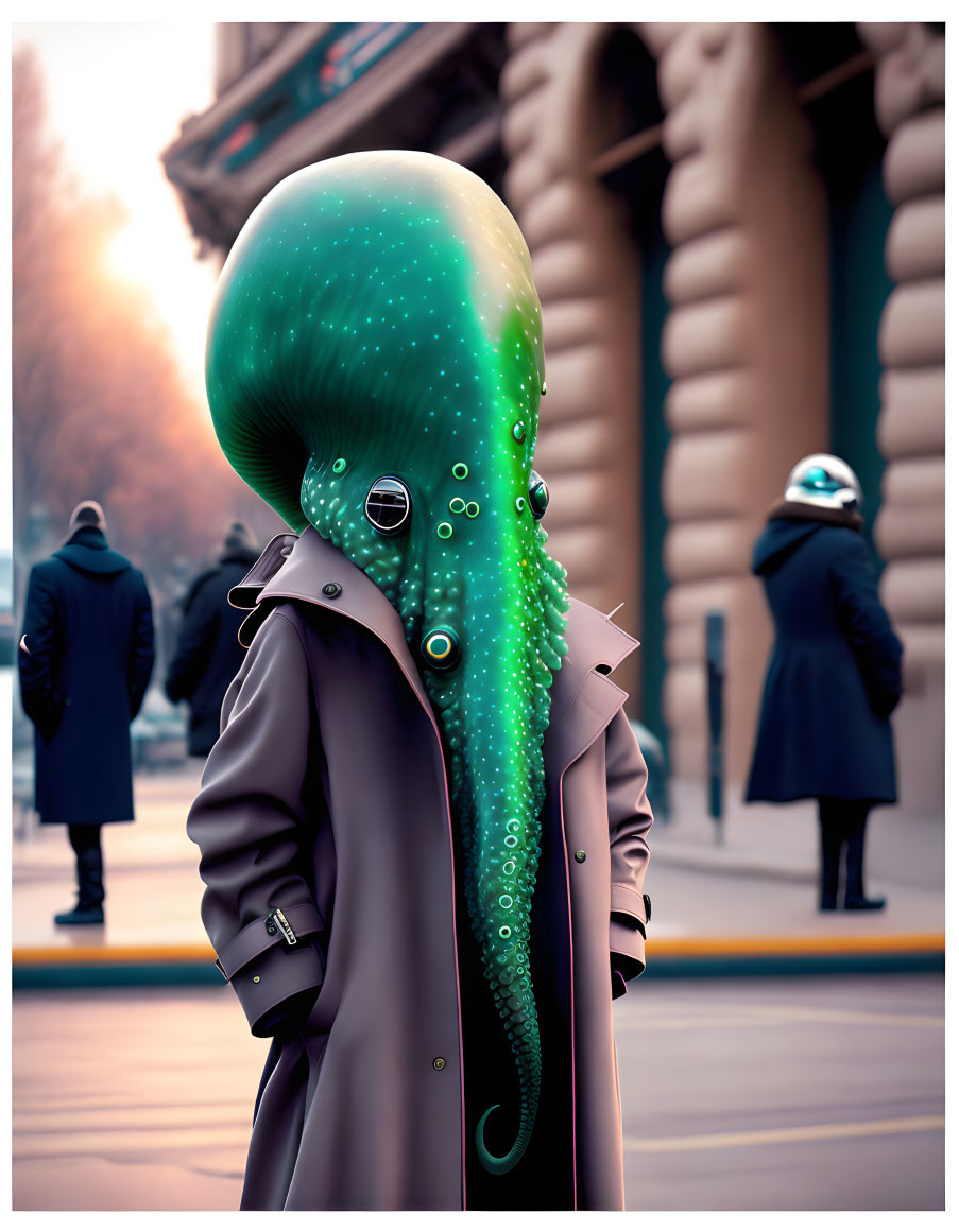 Octopus-headed person with twinkling stars in city scene walking among humans