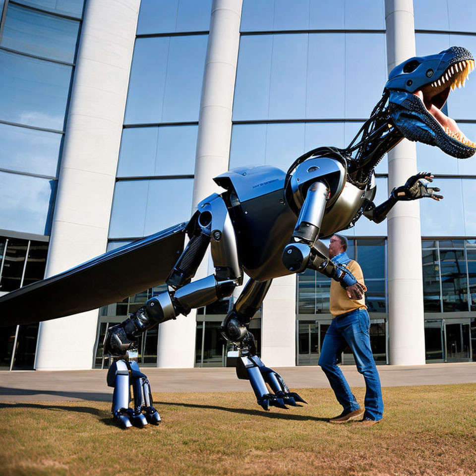 Sleek mechanical dinosaur robot next to modern glass building