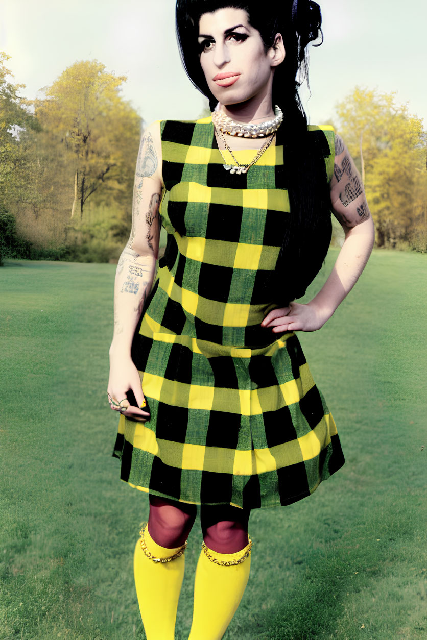 Black-haired person with tattoos in checkered dress and yellow socks holding yellow item in park