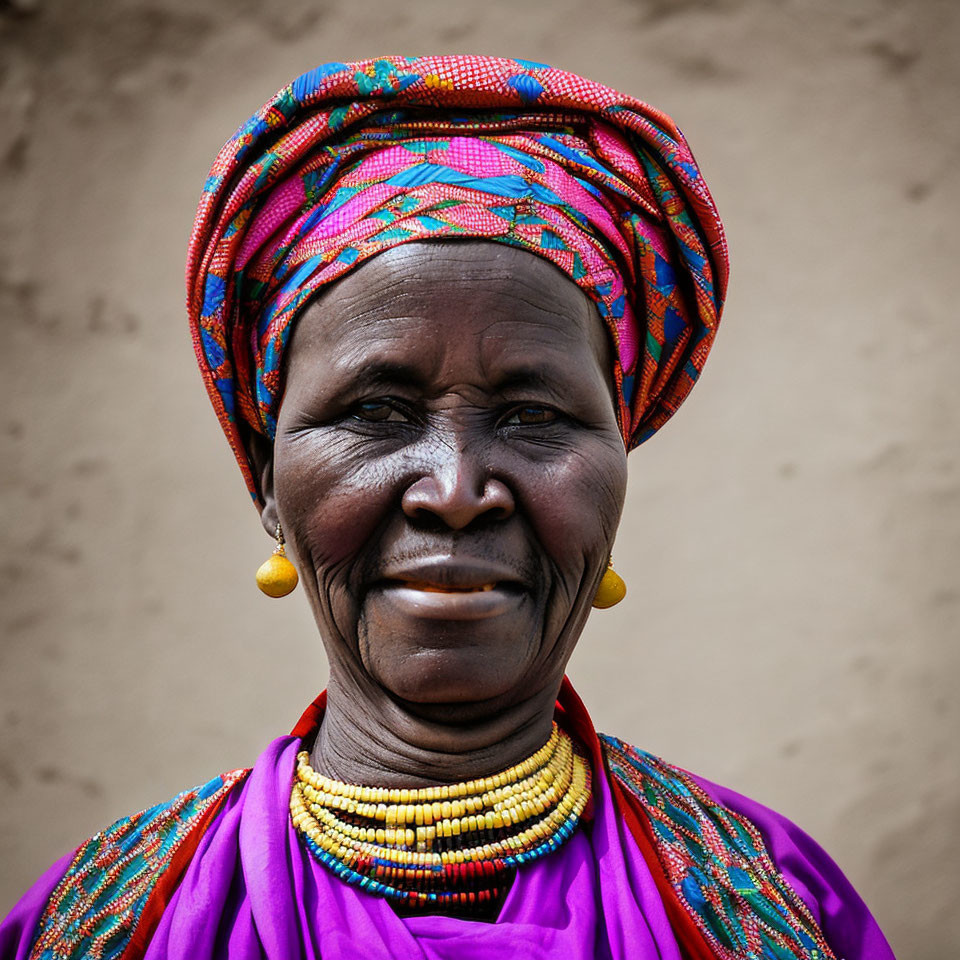 Colorful elderly woman with head wrap, earrings, and beaded necklace on neutral backdrop