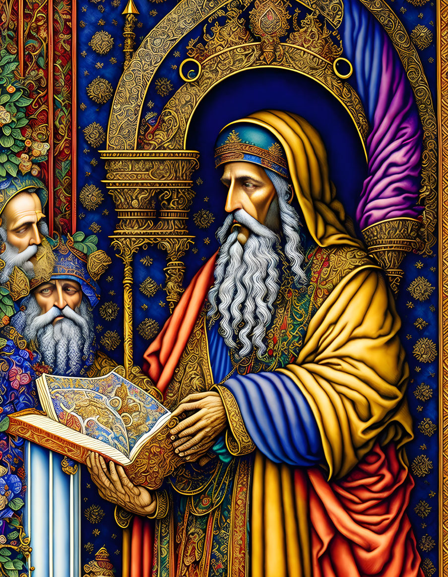 Colorful illustration of bearded man in regal robes with ornate book