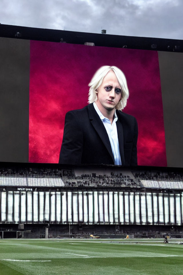 Blonde person in black suit on stadium screen above spectators