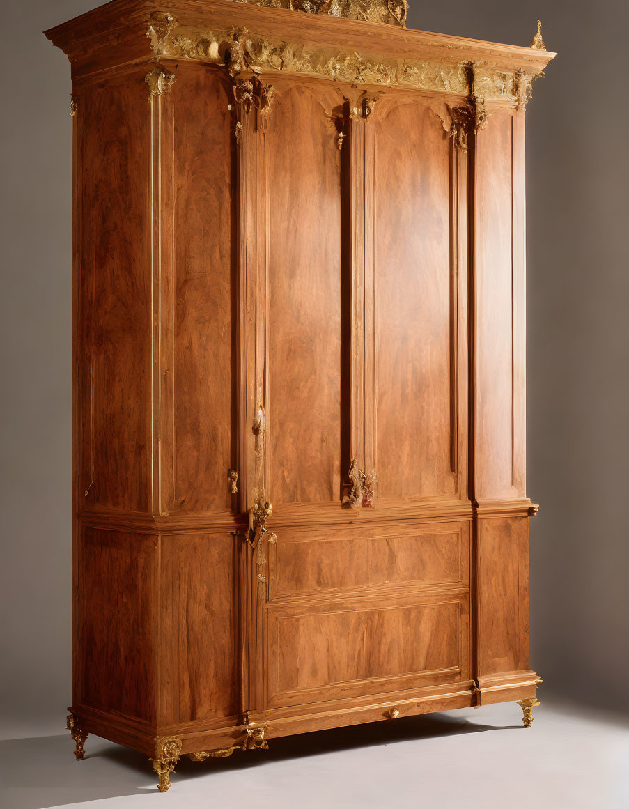 Vintage Wooden Armoire with Gold Trim and Carved Details