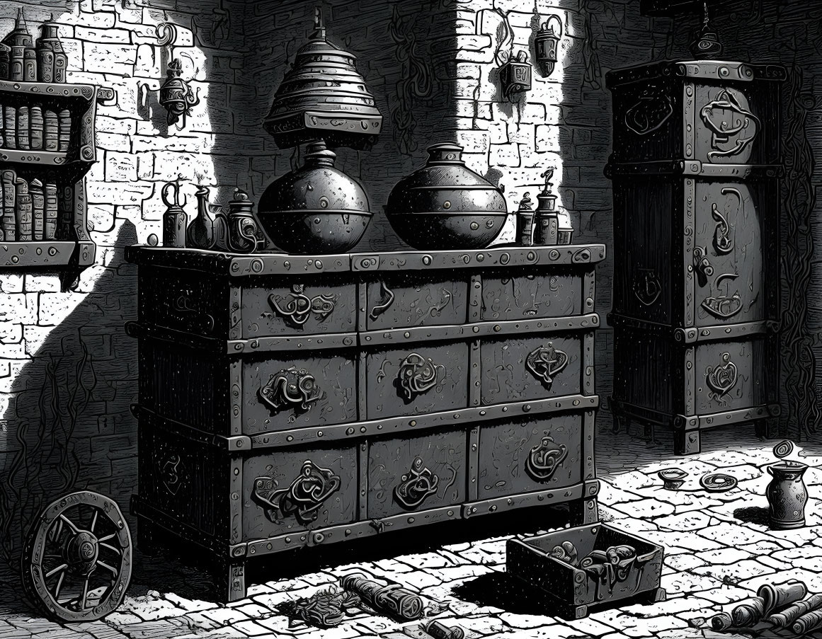 Monochromatic medieval room drawing with cabinet, shelves, pots, wheel