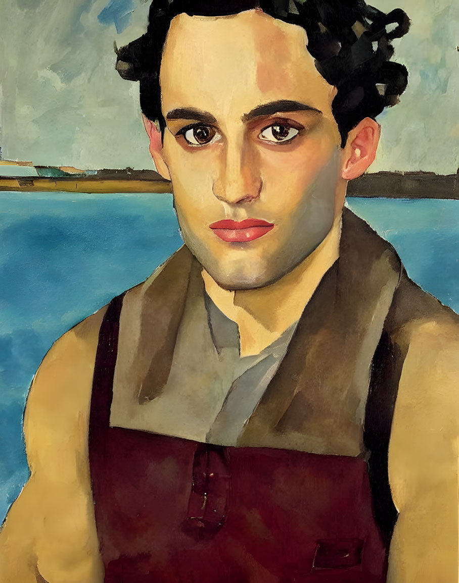 Man with Dark Curly Hair in Vest and Suspenders Against Blue Water Landscape