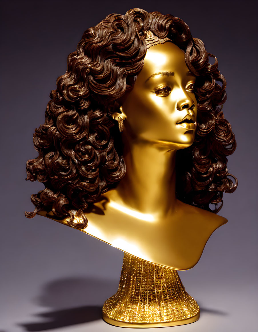 Golden Bust of Woman with Detailed Curly Hair on Gradient Background