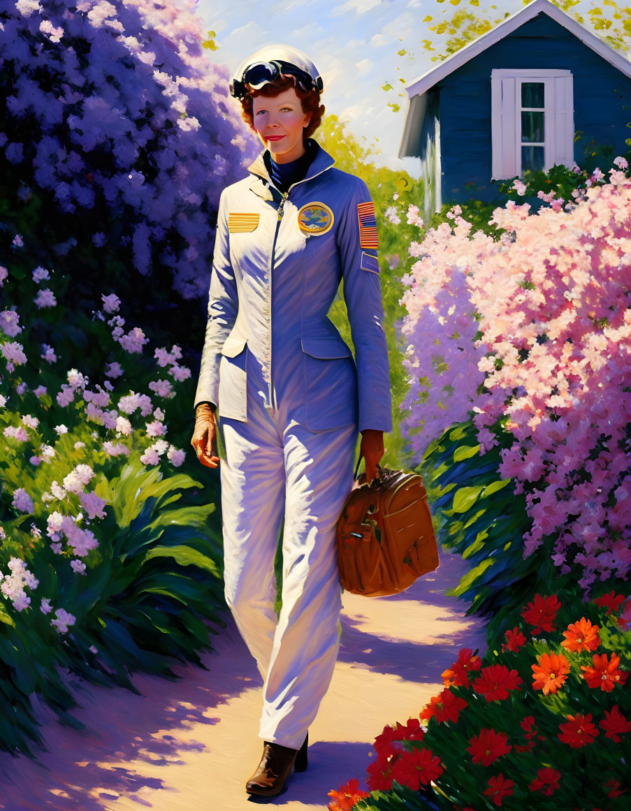 Person in Blue Astronaut Suit Walking Among Colorful Flowers and Blue House