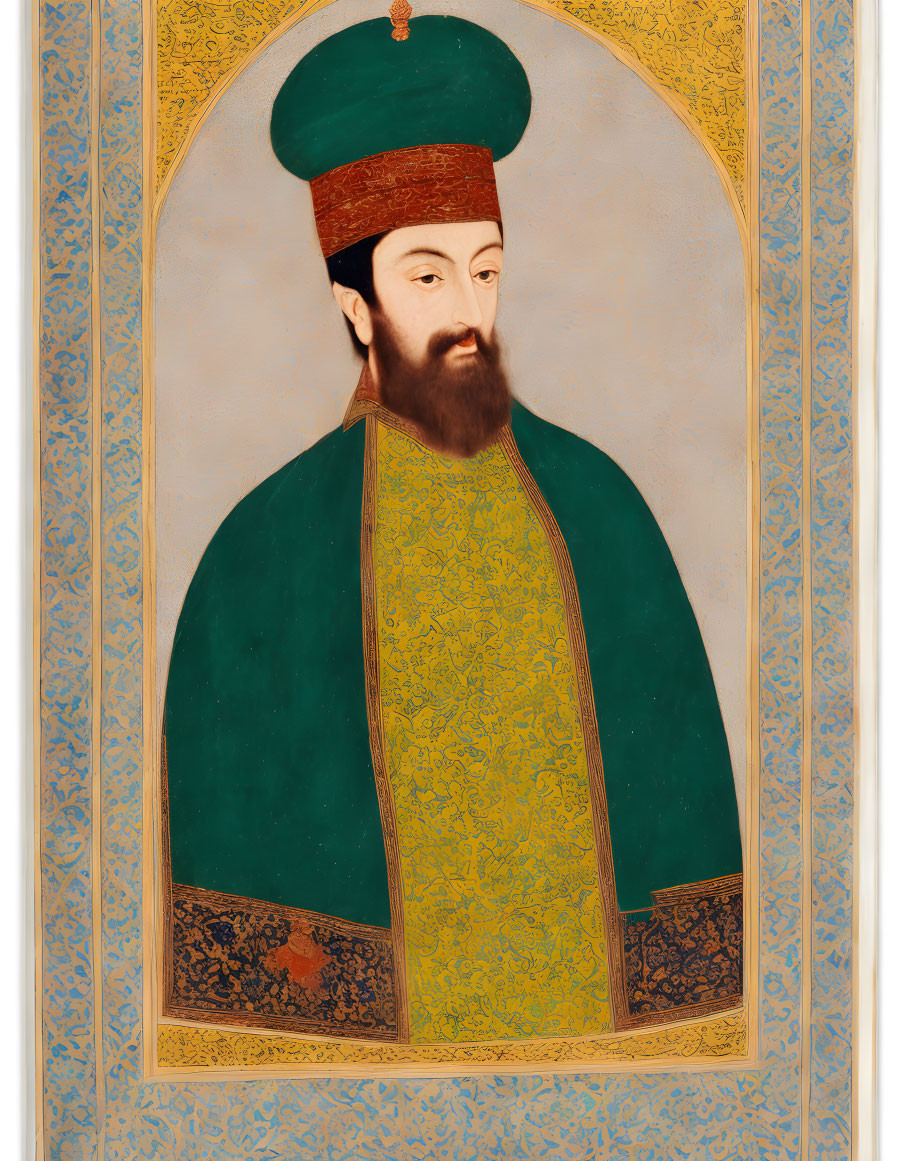 Traditional portrait: Man with beard, green robe, red hat in ornate frame