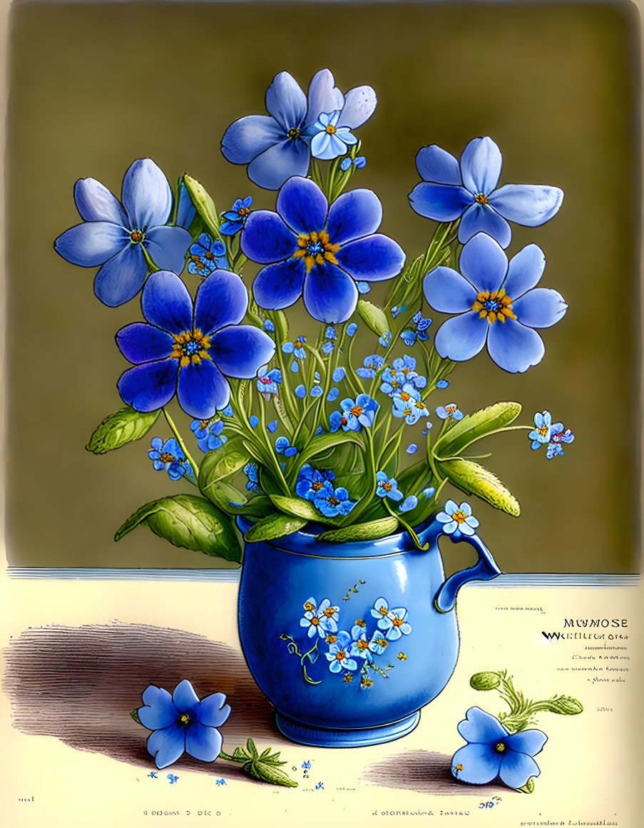 Detailed illustration: Blue forget-me-not flowers in a small pitcher