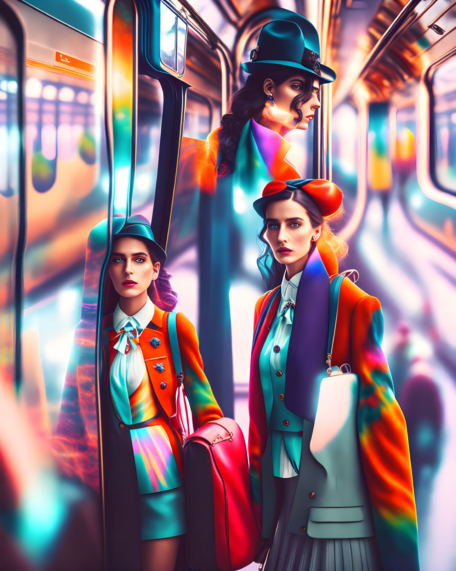 Three women in retro outfits in vibrant subway scene