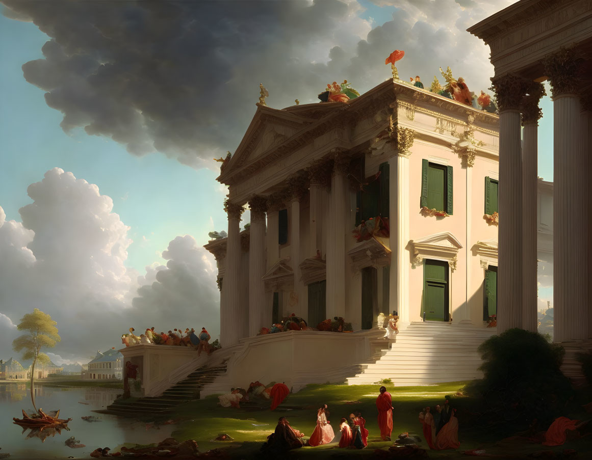 Historical riverside scene with columns, steps, and period-dressed figures under dramatic sky