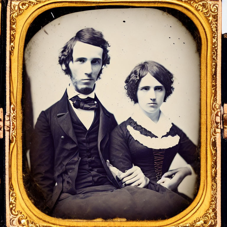 Vintage Portrait of Stern-Looking Couple in Elegant Oval Frame