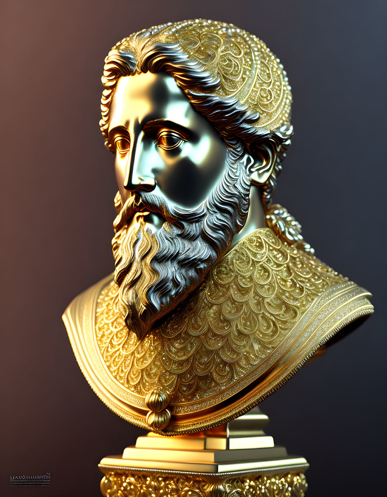 Intricate Golden 3D Bust of Bearded Male Figure in Armor