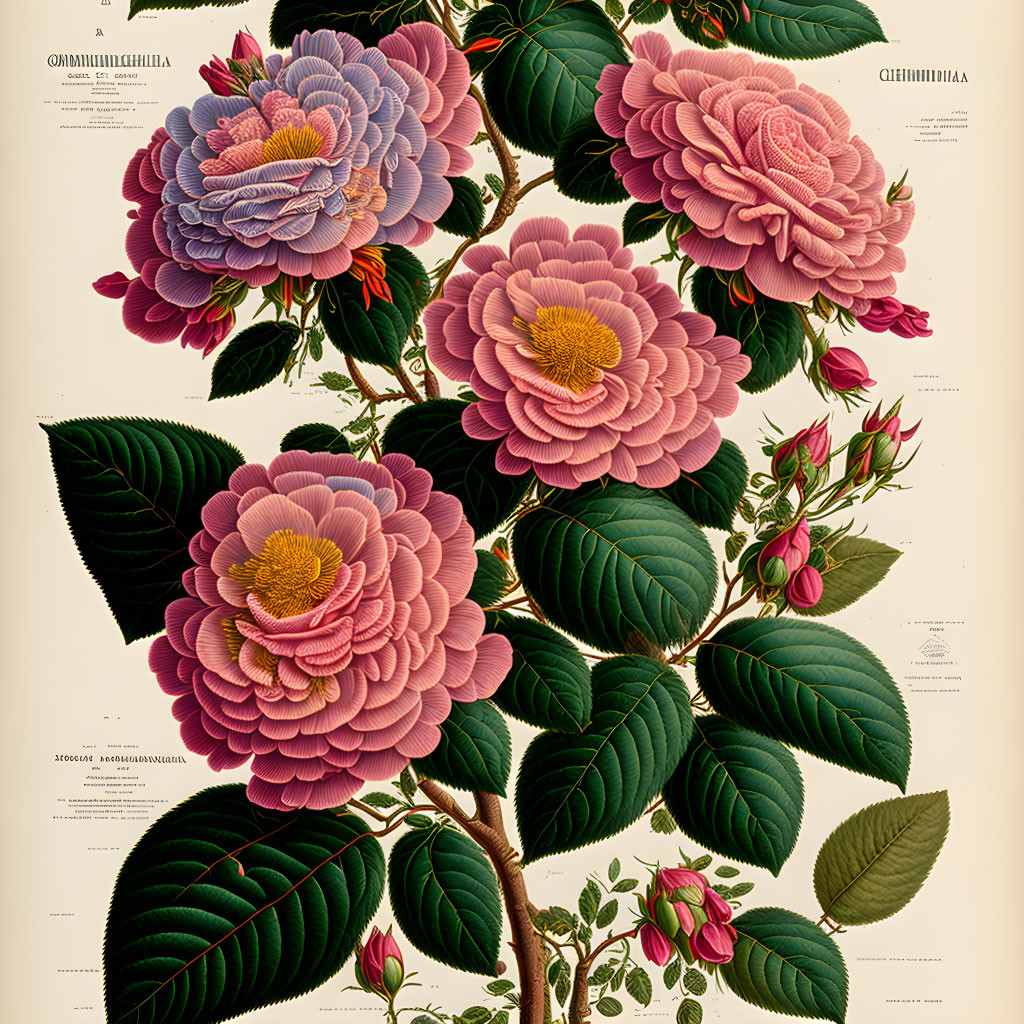 Detailed Vintage Botanical Illustration of Pink and Purple Camellia Blooms