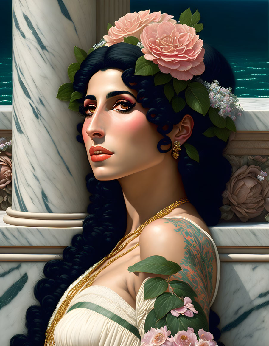 Portrait of Woman with Dark Hair and Pink Roses, Floral Tattoo, Marble Column, Ocean Backdrop