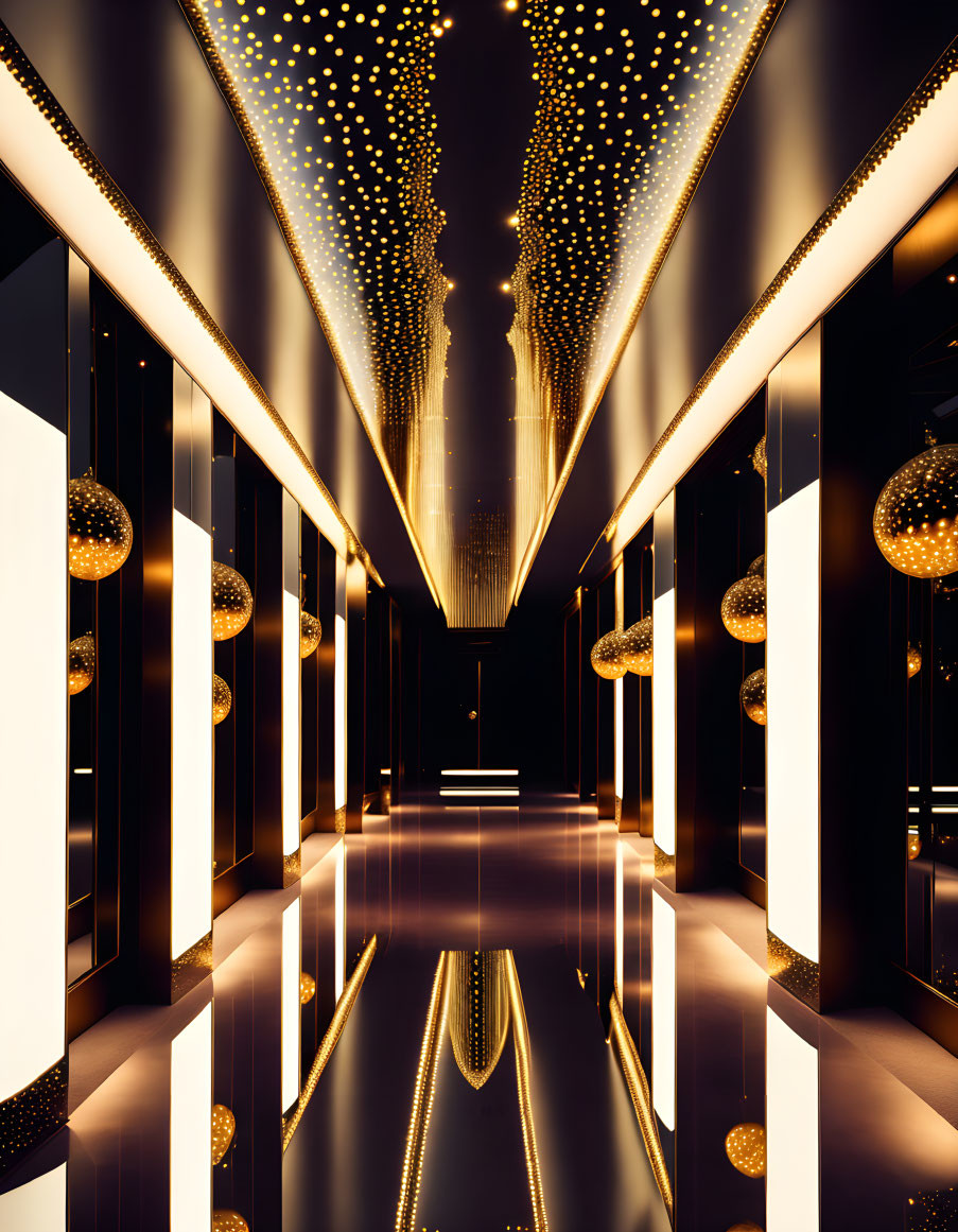 Modern corridor with reflective floors and warm golden lighting