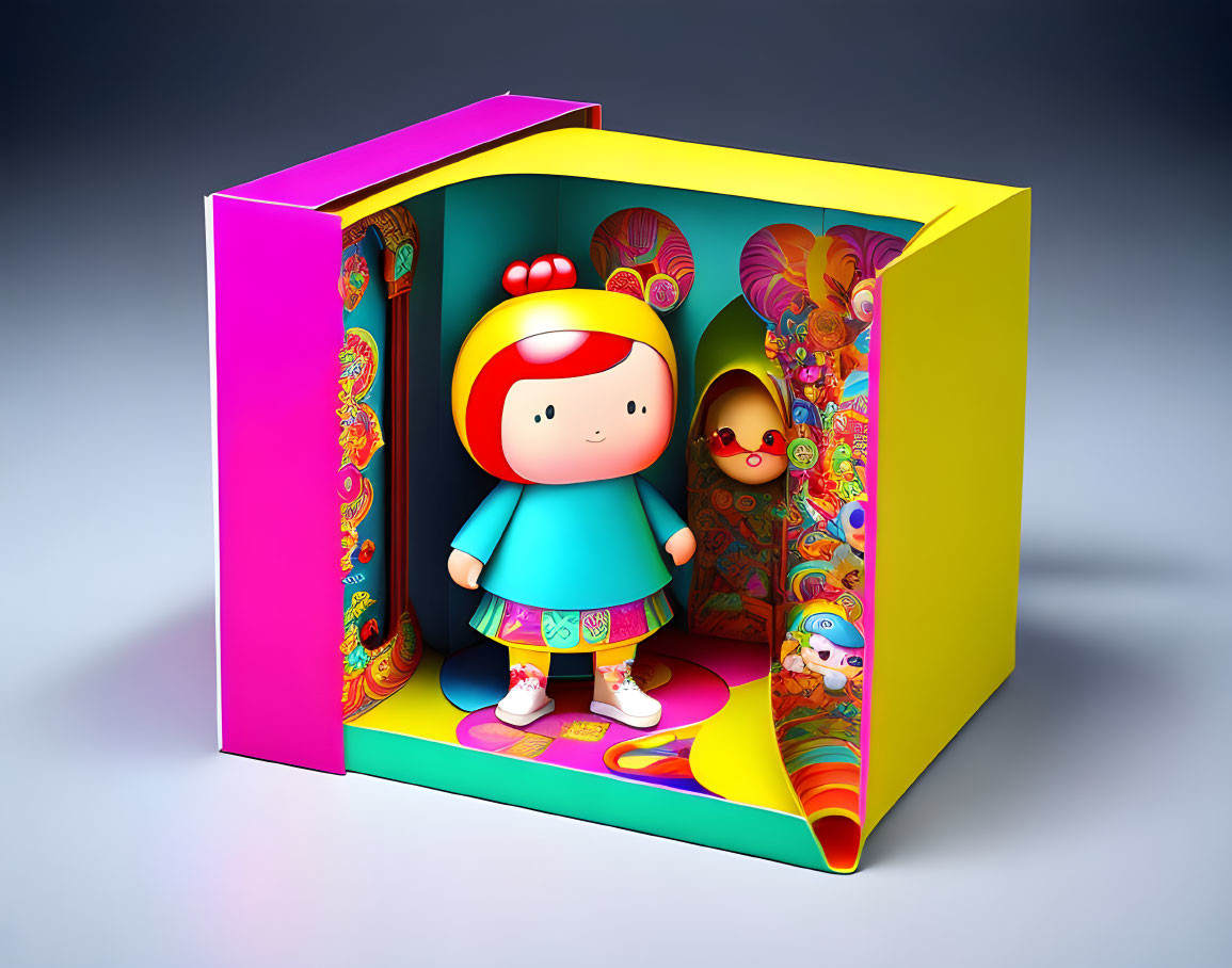 Vibrant 3D cartoon girl with red bow in colorful box