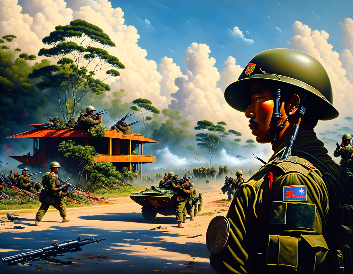 Military scene with soldier, infantry advance, armored vehicles, and burning building