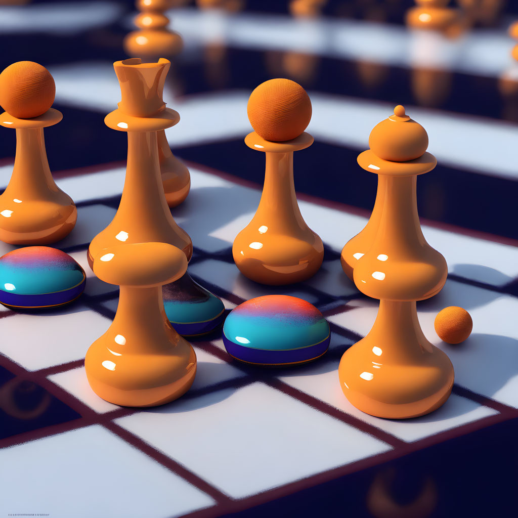 Vibrant 3D Orange Chess Pieces on Reflective Checkered Board