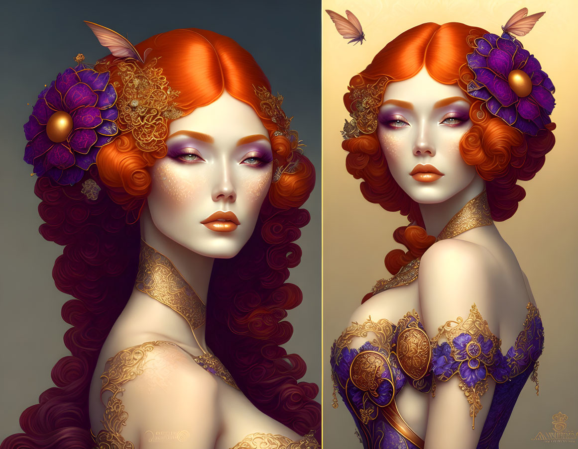 Digital artwork featuring woman with red hair, violet eyes, fantasy makeup, purple flowers, and golden accessories