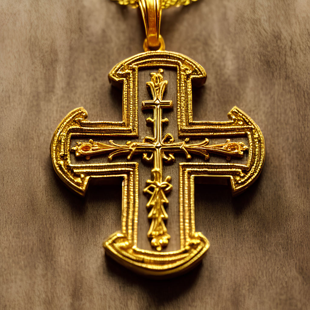 Intricate Gold Embroidered Cross Pendant on Chain Against Brown Background