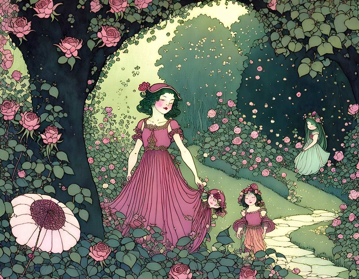 Illustration of women in dresses among blooming roses under moonlight