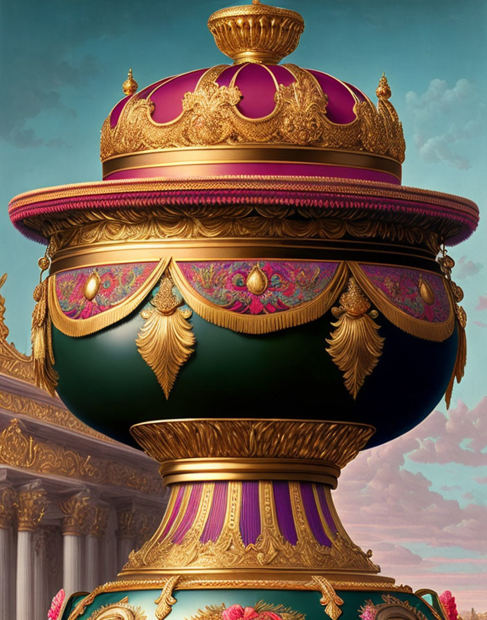 Detailed ornate urn with green base, gold accents, purple top, pink & gold embellishments