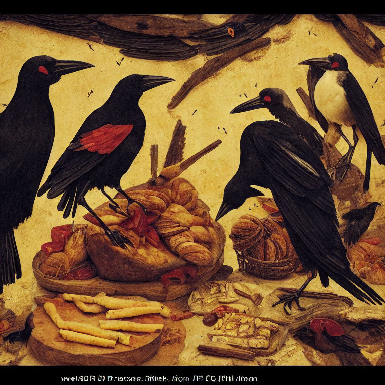 Artwork featuring four black birds with red patches amid bread and sticks.