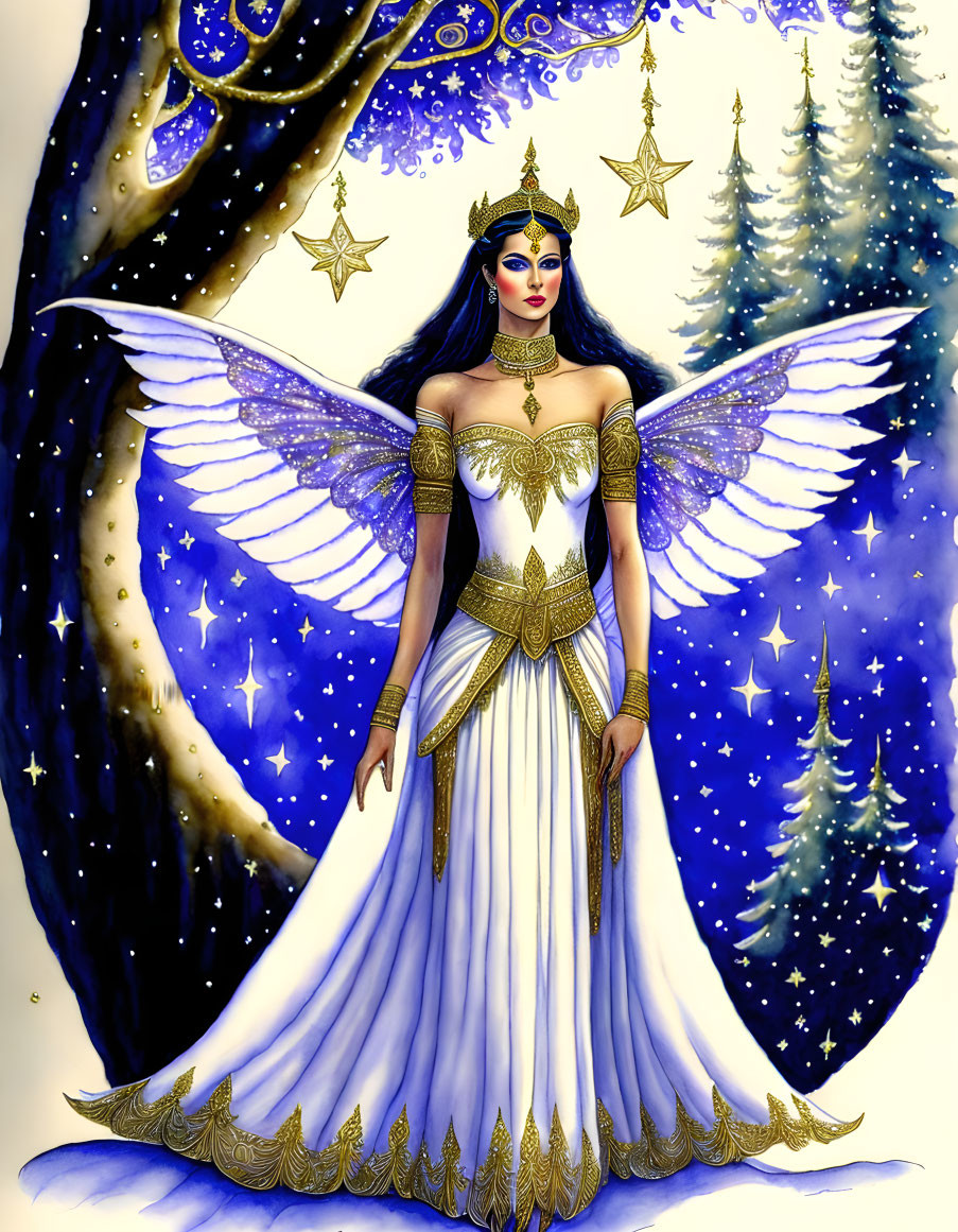 Illustrated fairy queen in white and gold gown with delicate wings against starry backdrop.