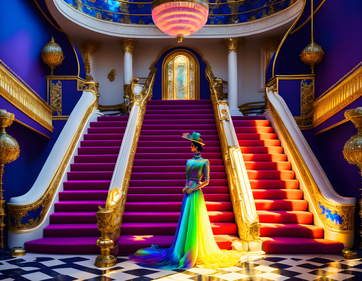 Colorful Gown Woman on Grand Staircase with Chandelier