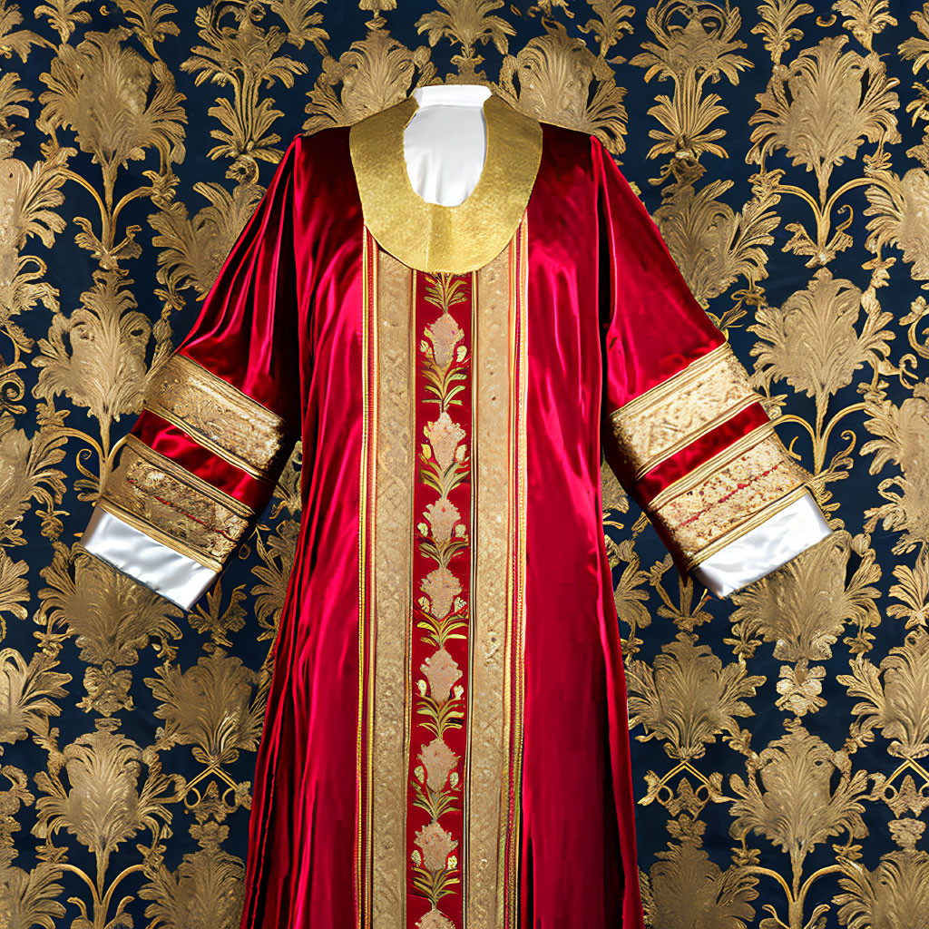 Red ceremonial robe with gold embroidery on blue and gold backdrop