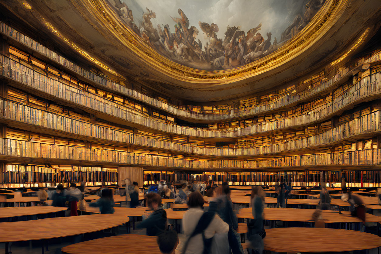 Circular multi-level library with dome ceiling mural and reading visitors