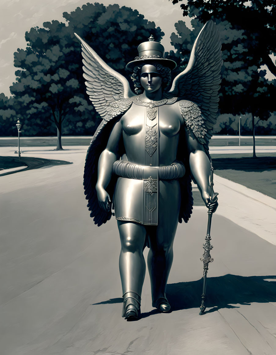 Winged humanoid figure statue in armor with staff, trees, and path.