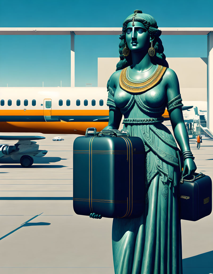 Traditional Attire Woman Statue with Suitcases and Airplane on Tarmac