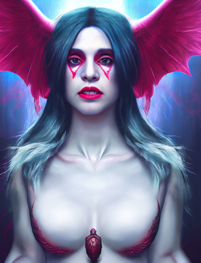 Fantasy image: Person with blue hair, pink horns, red eyes, and tear-like facial mark