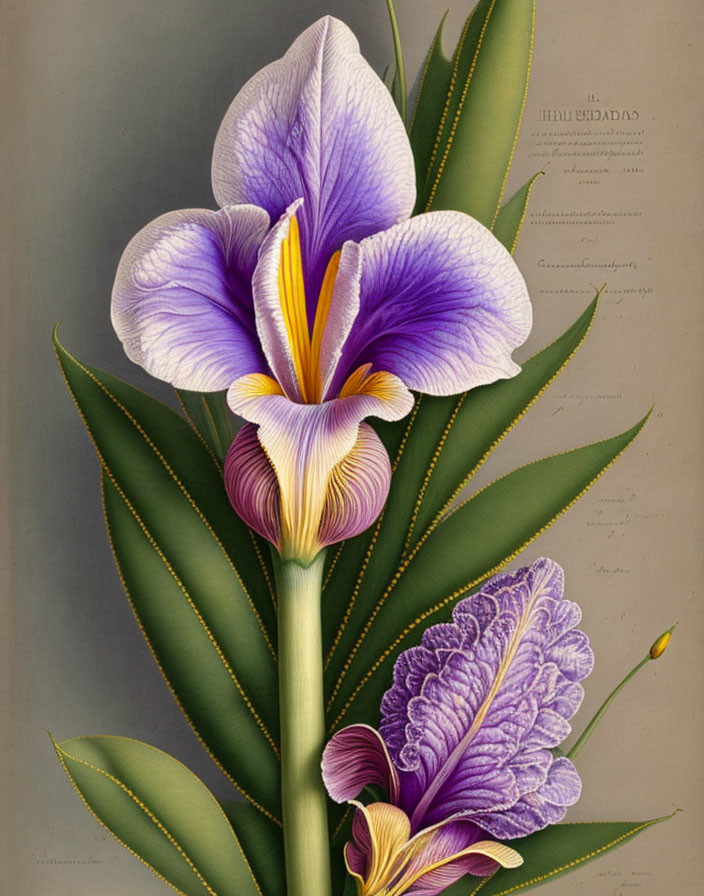 Detailed vintage botanical illustration of a purple iris on muted background