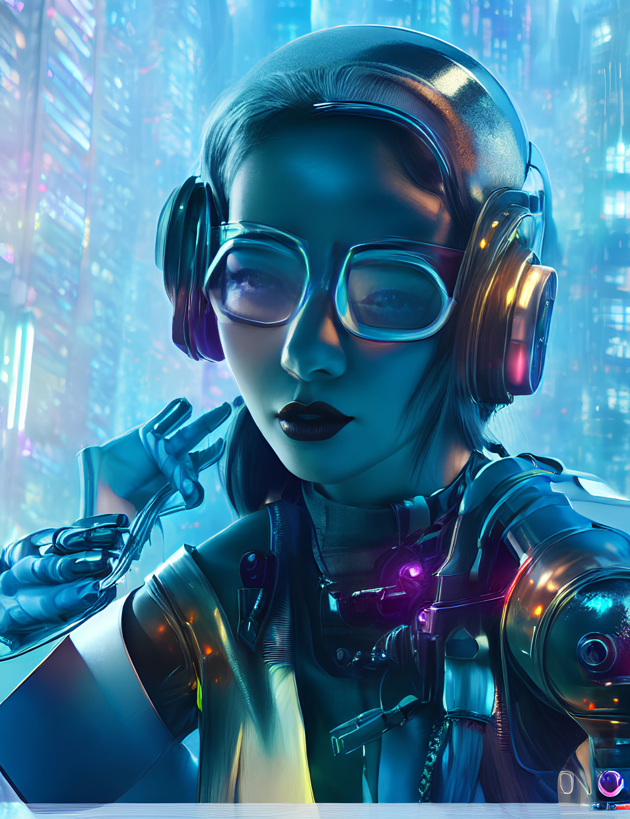 Blue-skinned female cyborg in headphones and glasses among neon-lit buildings